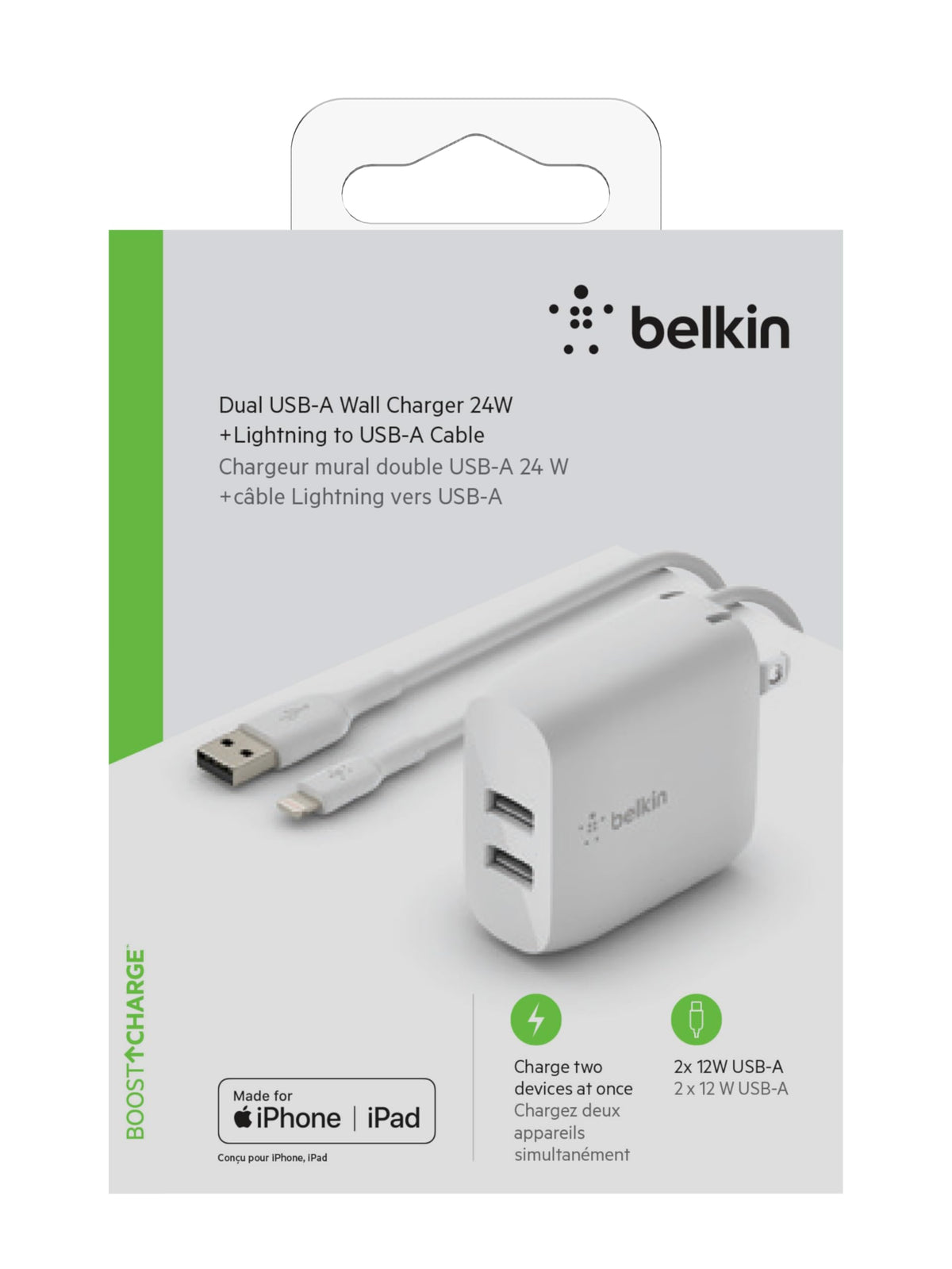 Charger Belkin BoostCharger Dual USB-A , 2x USB-A Up to 24W 1x USB-A to USB-C White