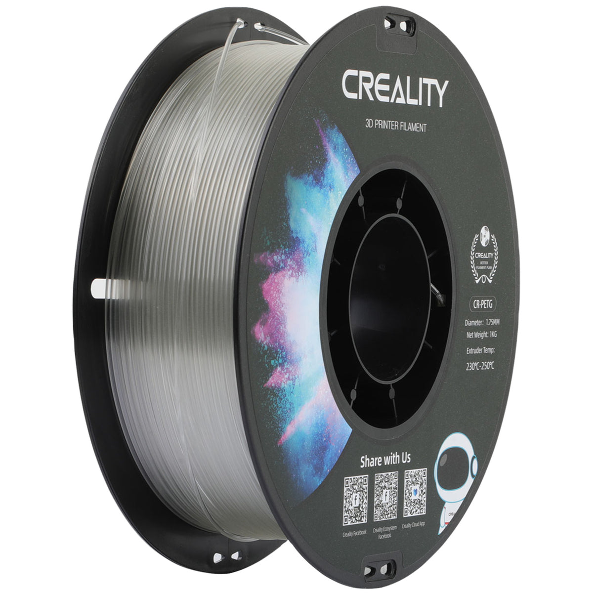 Filament CREALITY CR-PETG Transparent for 3D Printer , Hard Glossy , Tensile Str. 49MPA , 1 kg Spool 1.75 , 3301030037