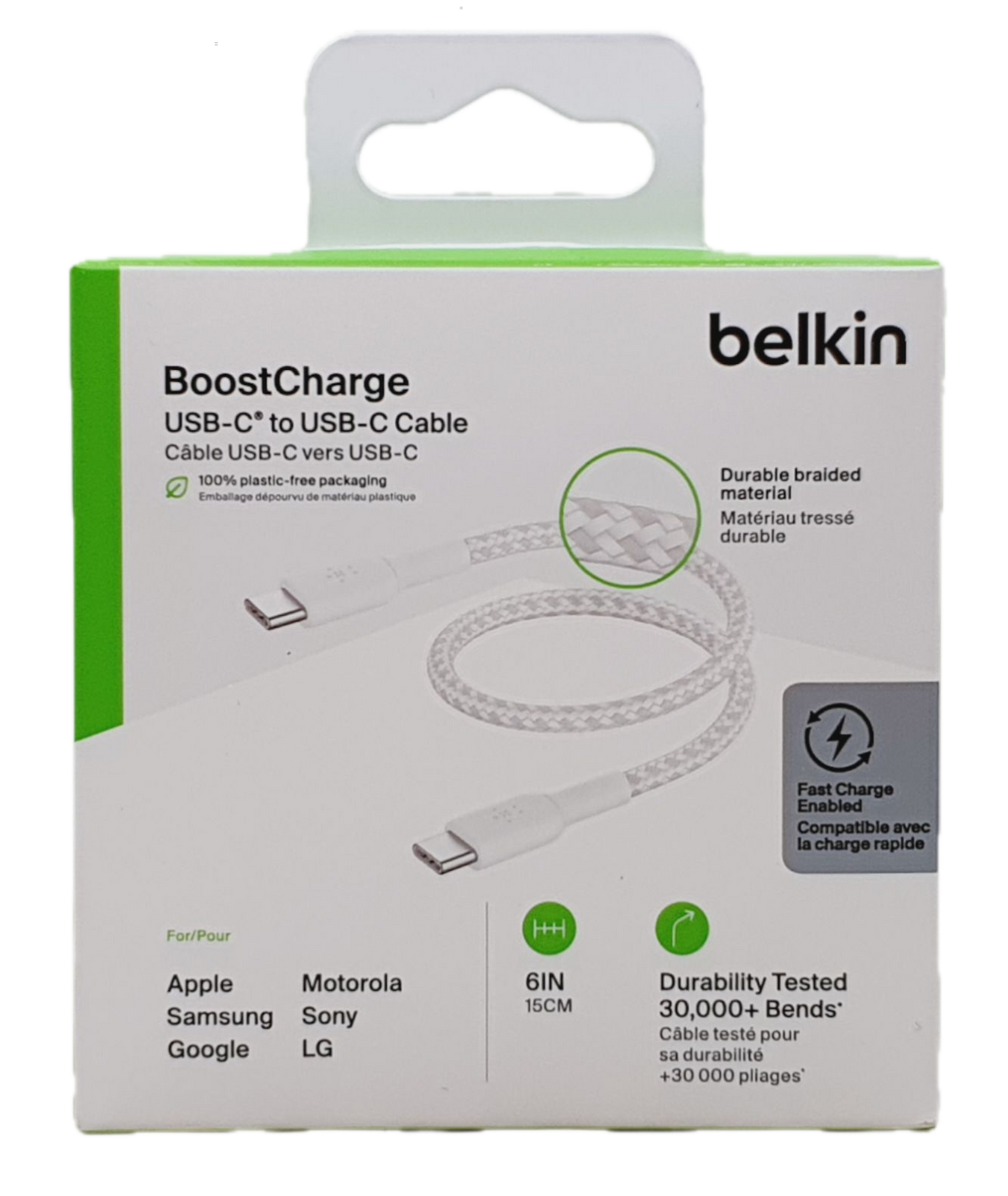 Cable USB-C to USB-C Belkin BoostCharge Up to 60W Braided White 15cm