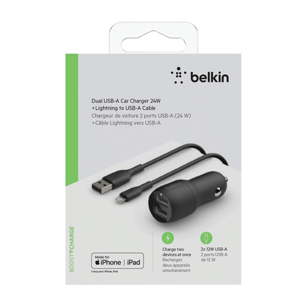 Car Charger Belkin Dual 1x USB-A to Lightning Black