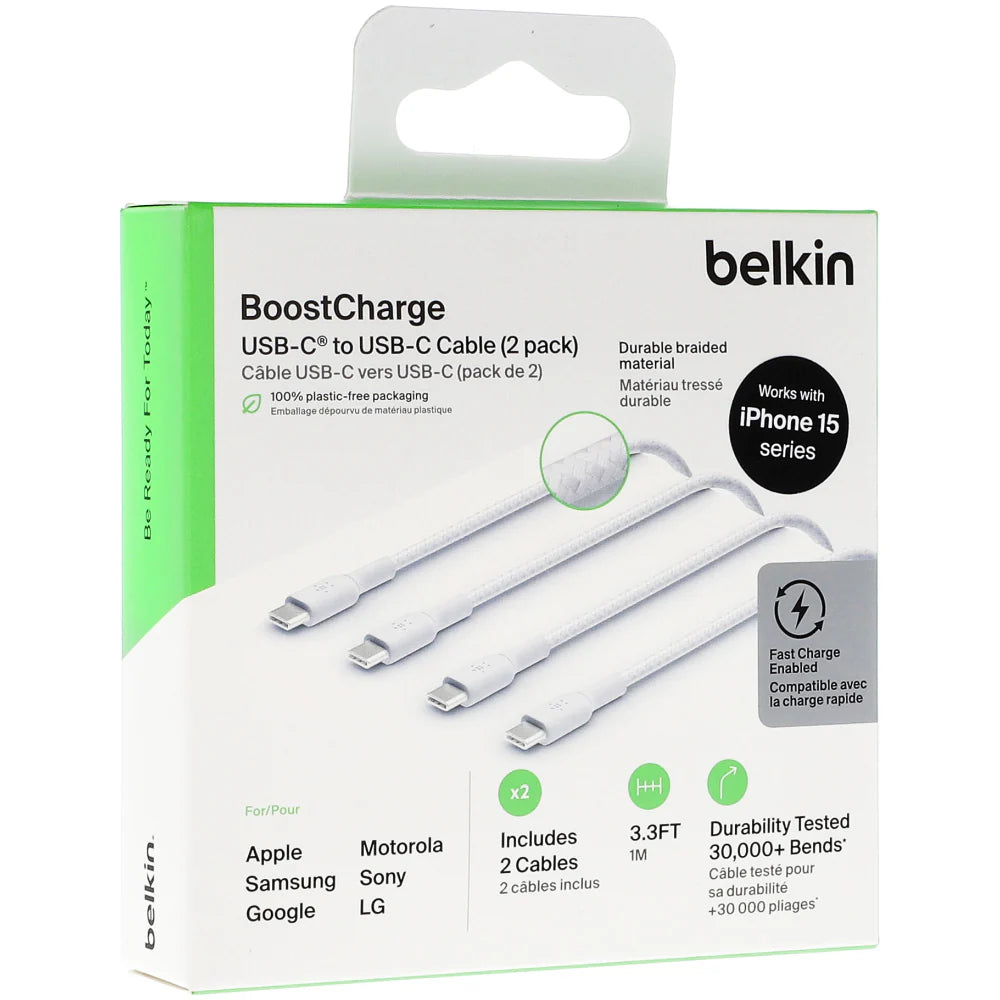 Cable USB-C to USB-C Belkin BoostCharge 2x USB-C Braided White 2Pcs