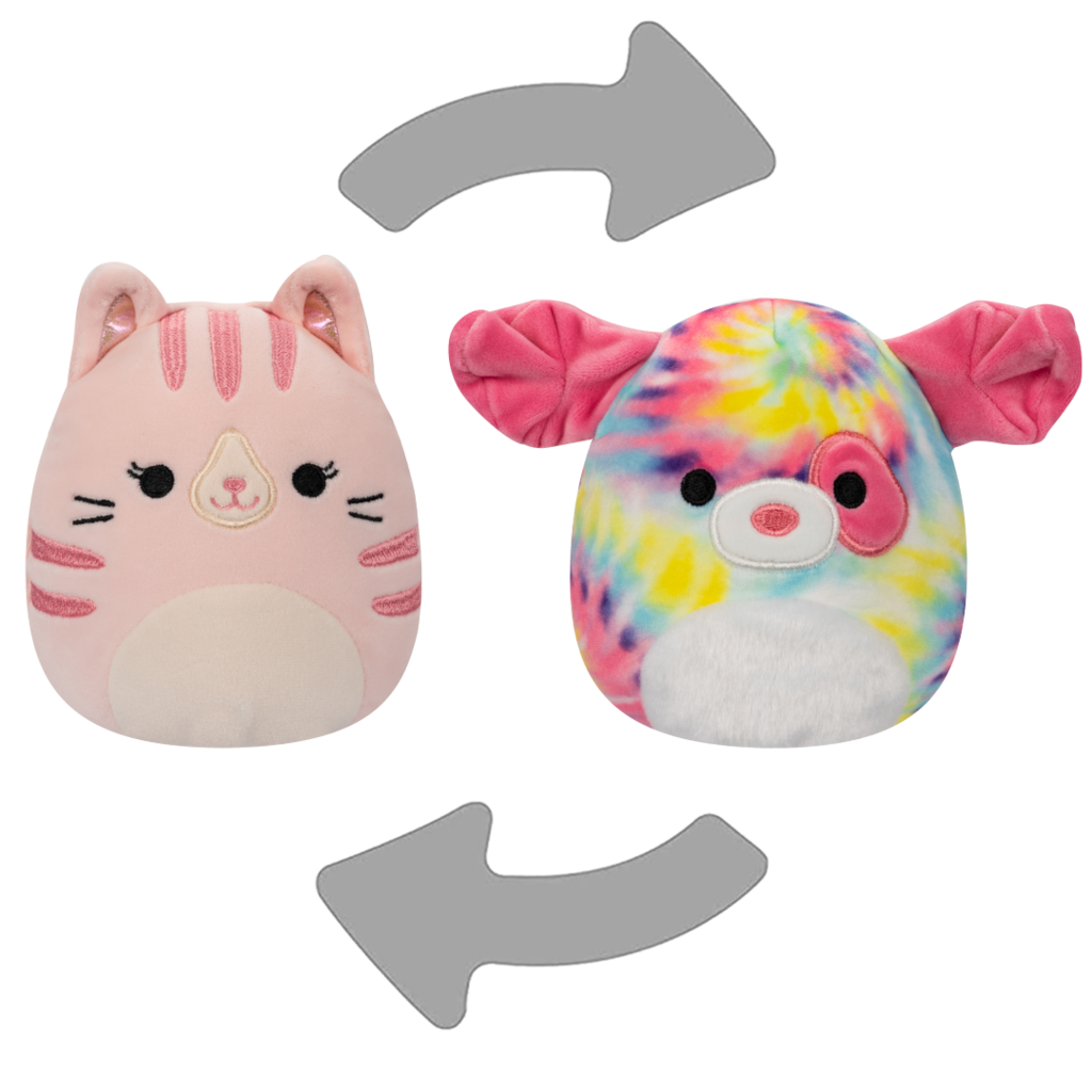 Plush Squishmallows Pink Tabby Cat/Rainbow Tie-Dye Dog